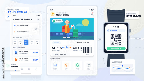 A mobile app shows user data and travel information for a trip between City A and City B. The app displays the route, travel times, and boarding details for the journey.