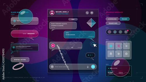 Dark glassmorphism chat interface kit with secure node panel, speech bubbles, audio waveform, module controls and neon sync data widgets.