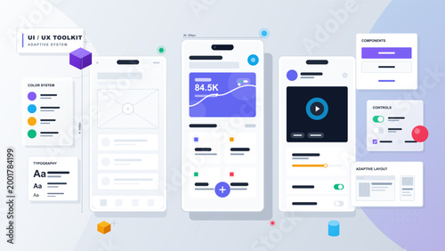Tools for app design are arranged on a light background. Includes components like buttons, controls, and interactive elements. Also shows typography and color settings for developers.
