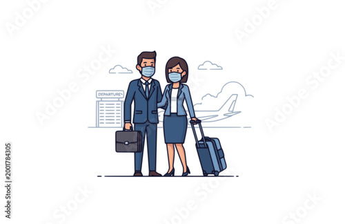 Business Couple in Masks at Airport Sticker. Flat Vector Illustration of Travel and Safety During Pandemic.