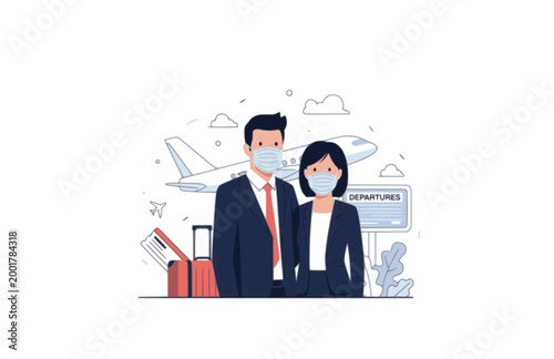 Business Couple in Masks at Airport Sticker. Flat Vector Illustration of Travel and Safety During Pandemic.