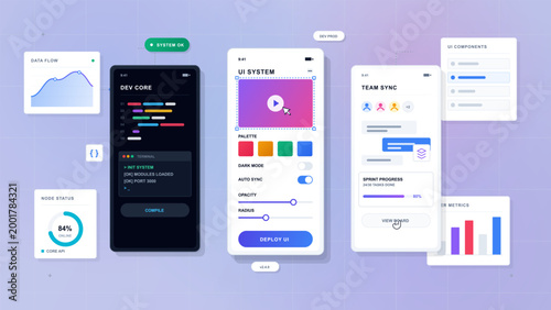 Workers create user interface elements on mobile screens while syncing systems and checking data flow. This scene shows app development in progress in a workspace setting.