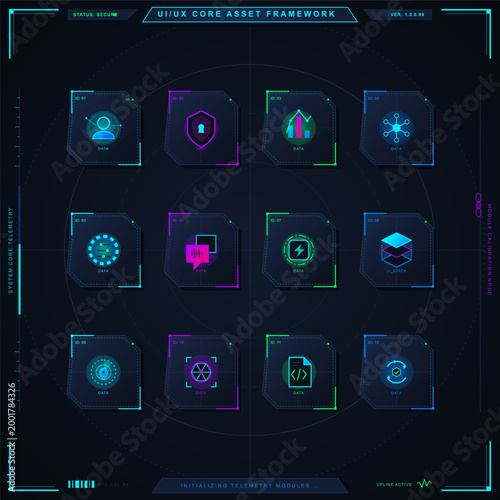 Futuristic UI asset framework with twelve neon interface cards, security icons, telemetry modules, and dark circular HUD grid layout background