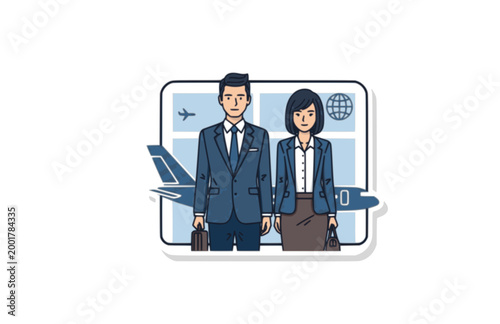 Business Couple in at Airport Sticker. Flat Vector Illustration of Travel 