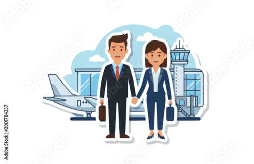 Business Couple in at Airport Sticker. Flat Vector Illustration of Travel 