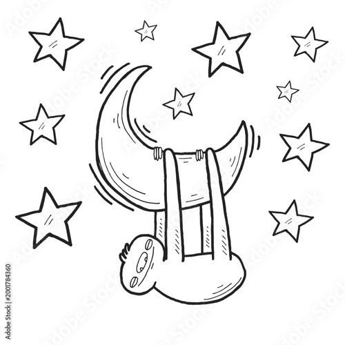 Cute sloth hanging on a crescent moon among stars vector illustration. Hand drawn line art for kids coloring book, nursery decor, poster.