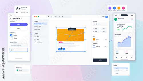 Flat vector UI design workspace with hands editing app layout, mobile dashboard preview, components sidebar, color palette, and grid background