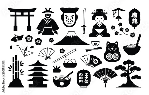 Collection of Japanese cultural icons including Mount Fuji, geisha, samurai, torii gate, lanterns, fans, and bonsai tree.