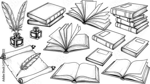 Set of hand drawn vintage books scroll quill feather pen and ink bottle in sketch style isolated on white background engraving vector illustration