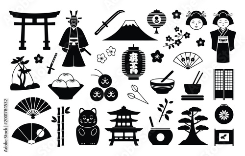 Set of Japanese cultural symbols featuring Mount Fuji, geisha, samurai, torii gate, lanterns, fans, and traditional art elements.