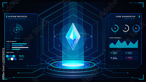 Futuristic holographic crystal core interface with system protocol panels, diagnostics gauges, telemetry charts and neon cyber grid display.