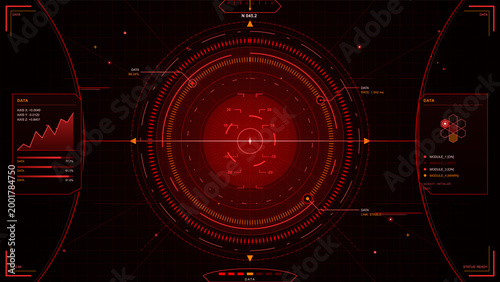 Red futuristic circular HUD scanner with glowing concentric rings, data panels, module status, graphs, and dark grid interface background