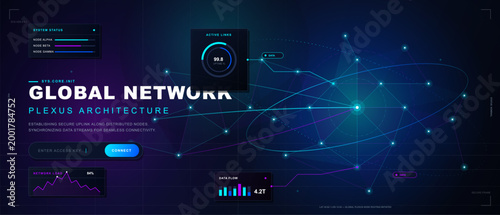 Dark futuristic global network architecture banner with connected nodes, uplink panels, active links gauge, data flow charts and cyber grid.