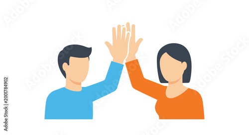 Two people giving high five, teamwork, success, celebration, flat design illustration
