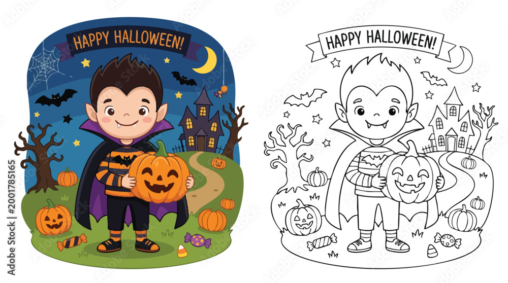 Fototapeta premium Cute Cartoon Vampire Holding Pumpkin for Happy Halloween Coloring Page Theme