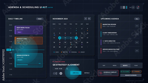 Dark futuristic agenda scheduling dashboard with daily timeline, monthly calendar, upcoming agenda cards, neon accents, and modular UI panels