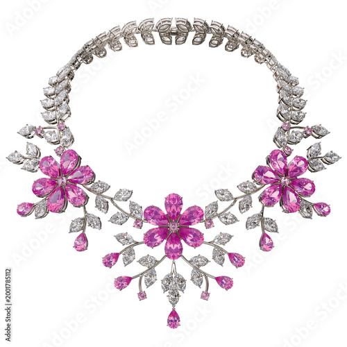 An elegant necklace of diamonds and rubellites in the shape of cherry blossoms on an isolated transparent background. Japanese style. 3d rendering.