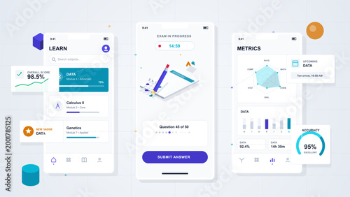 Mobile education app interface with learning dashboard, exam progress screen, metrics charts, score cards and badges on light grid background