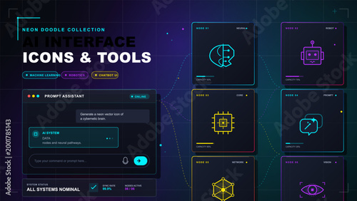 Futuristic neon AI interface dashboard with prompt assistant panel, connected node cards, cybernetic brain, robot, chip and vision icons.