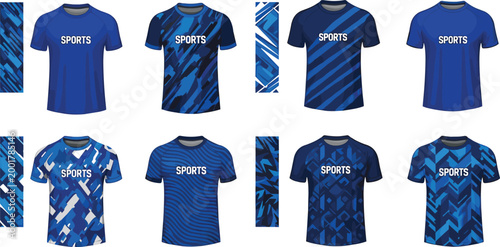 Set of blue sports jersey t-shirt designs with various geometric and abstract patterns for team uniform mockup isolated on white background vector illustration