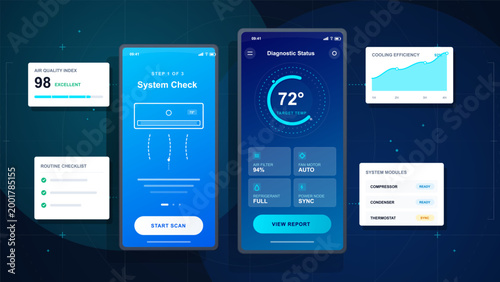 Smart home HVAC diagnostic app interface with air quality card, cooling chart, system check screens and module status panels on dark grid