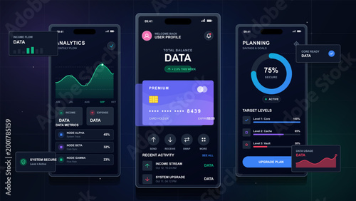 Dark fintech mobile app dashboard vector with three smartphone screens, analytics charts, payment card, profile, planning and security widgets