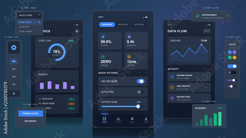 A user interacts with a digital interface displaying system metrics, memory usage, and data flow. Options for node selection and quick actions are visible in the layout.