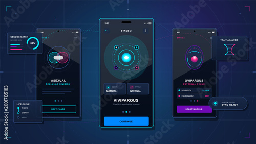 Futuristic dark biology mobile app screens showing reproductive stages, genome match, trait analysis, life cycle panels, and neon cell diagrams