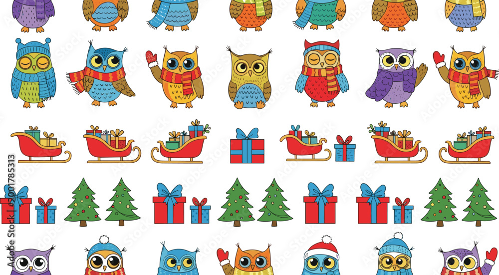 Naklejka premium Christmas Owl Pattern Set with Cute Winter Birds Gifts Sleighs and Trees Seamless Vector Collection for Holiday Wrapping Paper and Festive Design