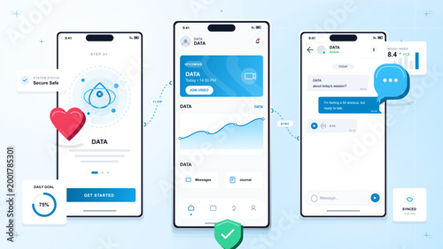 Clean mental wellness app interface with three mobile screens, heart icon, secure shield, chat session, mood chart and daily goal widgets.