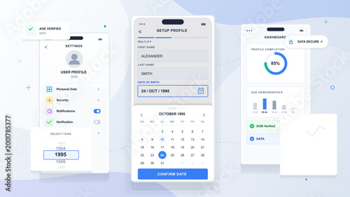 Age verification profile setup vector interface with mobile screens, birth date calendar, settings panel, dashboard charts and secure data badges.