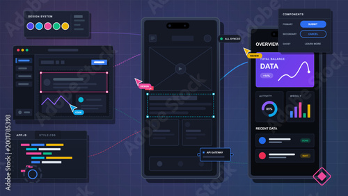 Dark UI design system vector with mobile app wireframes, dashboard screen, code editor, component panel, color palette and workflow connectors