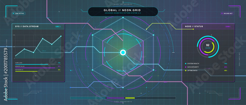 Futuristic neon grid dashboard with central geometric network hub, data stream chart, status rings, and glowing circuit lines on dark background