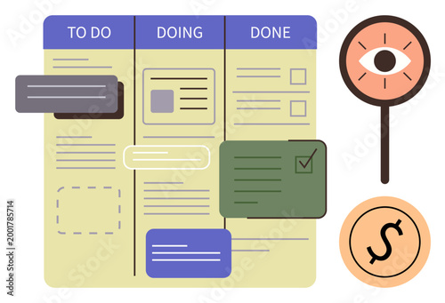 Task management, workflow planning, organization, productivity, teamwork, project tracking. Kanban board with columns, cards and symbols thumbs up an eye and dollar sign. Workflow planning