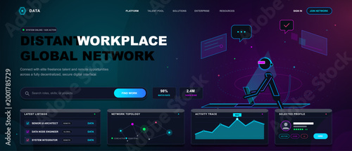 Futuristic remote work network landing page with neon dashboard cards, search bar, profile panel, analytics charts, and walking tech figure