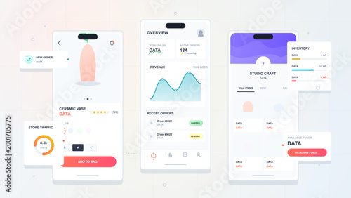 Flat vector illustration of three mobile ecommerce app screens showing product page, sales dashboard, inventory panel, store traffic, and funds
