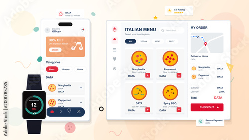 A smartwatch displays food delivery app notifications and a menu on a phone shows pizza options with a discount. User can select items and make an order.