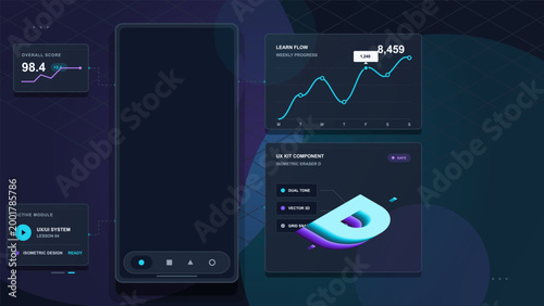 Futuristic learning app dashboard with blank smartphone mockup, progress charts, score panel, and neon isometric UI component on dark grid.