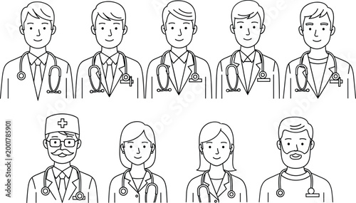 Set of doctor and medical staff line art avatars, healthcare professional characters collection with stethoscope for hospital, clinic, and medical design use