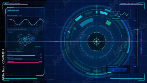 Futuristic cyan sci-fi dashboard with circular radar scanner, telemetry panels, graphs, and neon data grid on dark blue interface background