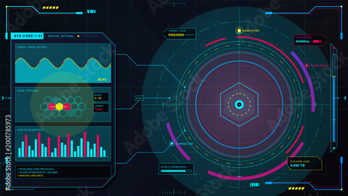 Futuristic sci fi HUD interface with circular radar target display, signal trace, node topology, bar metrics and neon data panels on dark grid