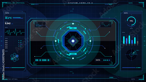 Futuristic blue and cyan HUD dashboard with circular core display, data panels, charts, and technical grid lines on dark interface screen