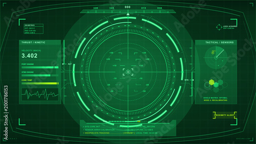 Green futuristic tactical HUD interface with circular targeting radar, thrust metrics, sensor panel, shield matrix and dark grid display.