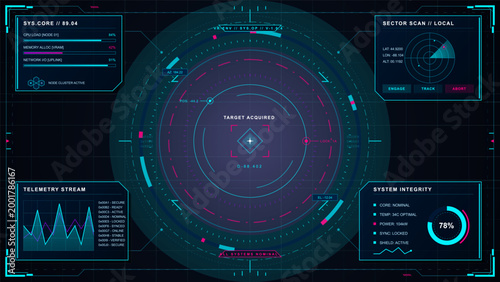 Futuristic cyan and magenta HUD interface with circular target scanner, telemetry charts, system panels, and grid lines on dark screen display