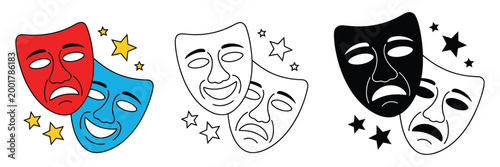 Theater Masks Icon Set with Comedy and Tragedy Faces, Comic and Tragic Stage Mask Symbols, Drama Performance Vector Illustration Isolated on White Background