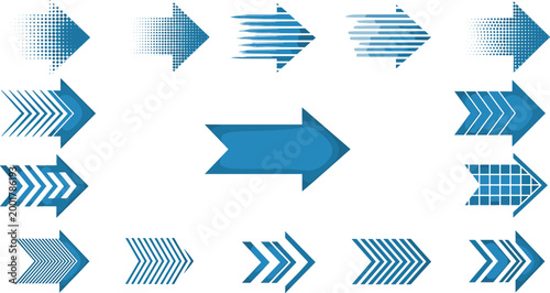 Set of blue decorative arrow icons in various styles including halftone striped dotted chevron and solid isolated on white background flat style vector illustration