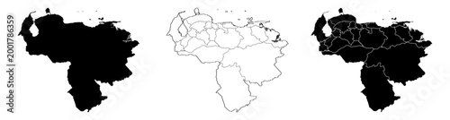 Blank map of Venezuela with administrative boundaries.Venezuela political map. High detailed. Solid simple style.Venezuela map silhouette linear and black illustration. Black and white. Vector 