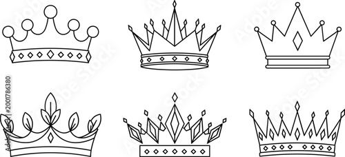 Set of elegant crown line art icons, royal king and queen tiara outline collection for logo, branding, tattoo, and decorative design use