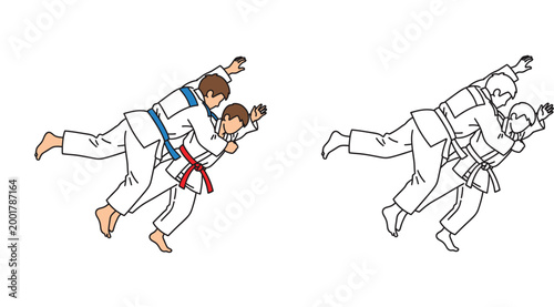 Judo Martial Arts Athletes Performing a Throw Technique Set of Color and Line Art Illustrations for Sports Training Competition and Coloring Book Isolated on White Background