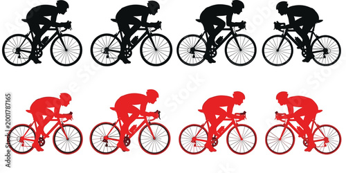 Cyclist Silhouette Set with Road Bike Racing Positions Black and Red Vector Collection for Sport Competition Training and Cycling Design